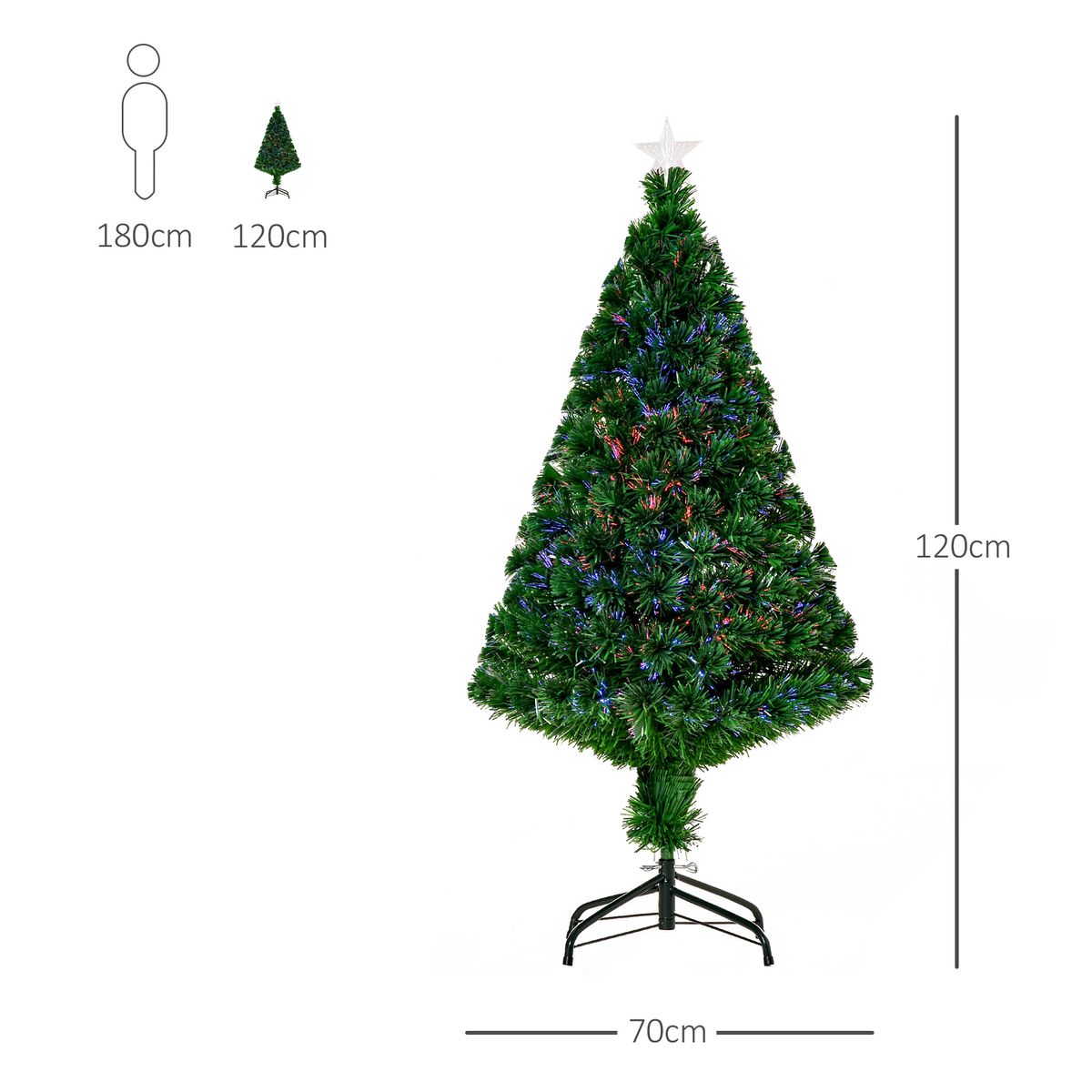 Árbol de Navidad Homcom 130 ramas fibra óptica RGB verde Ø70x120 cm medidas