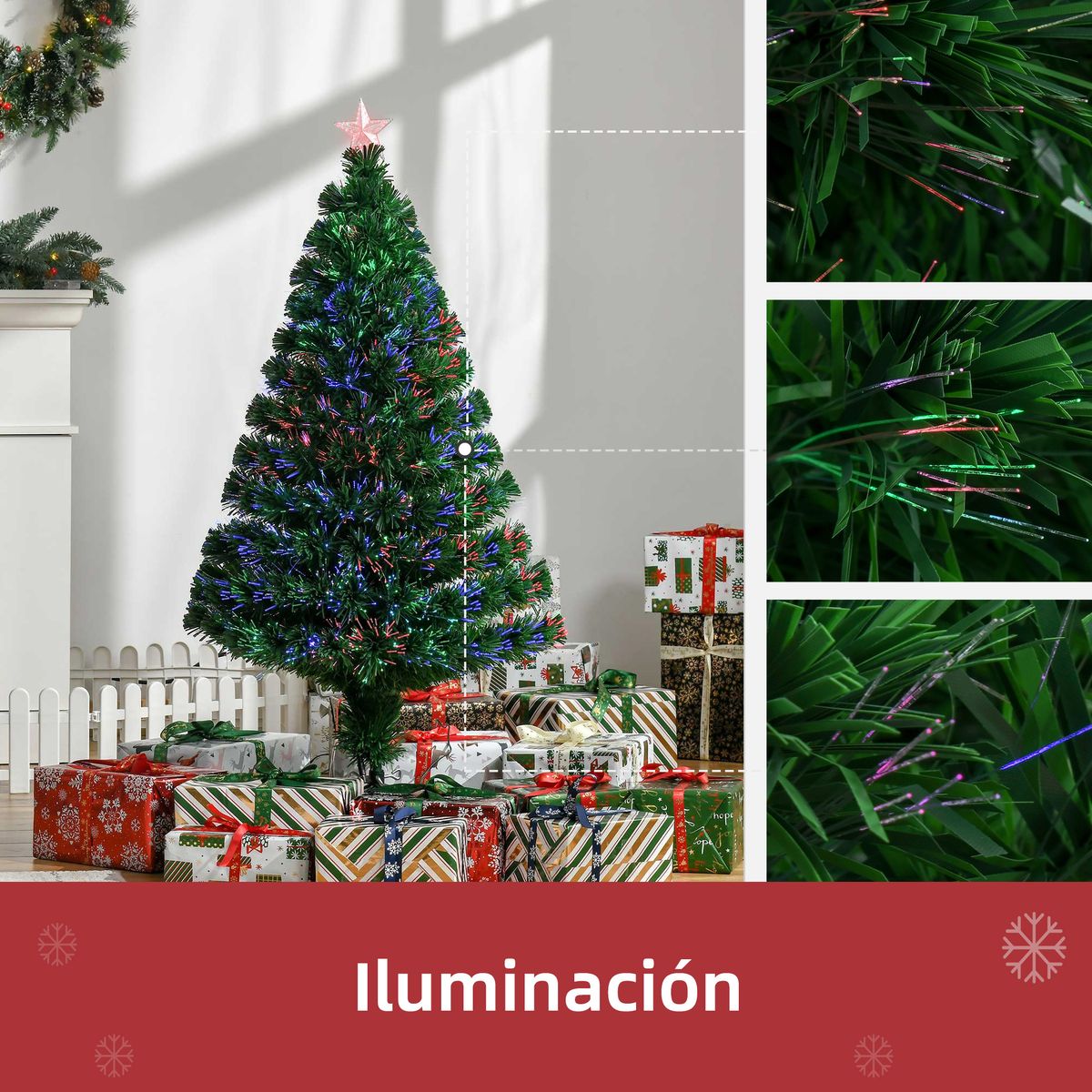 Árbol de Navidad Homcom 130 ramas fibra óptica RGB verde Ø70x120 cm