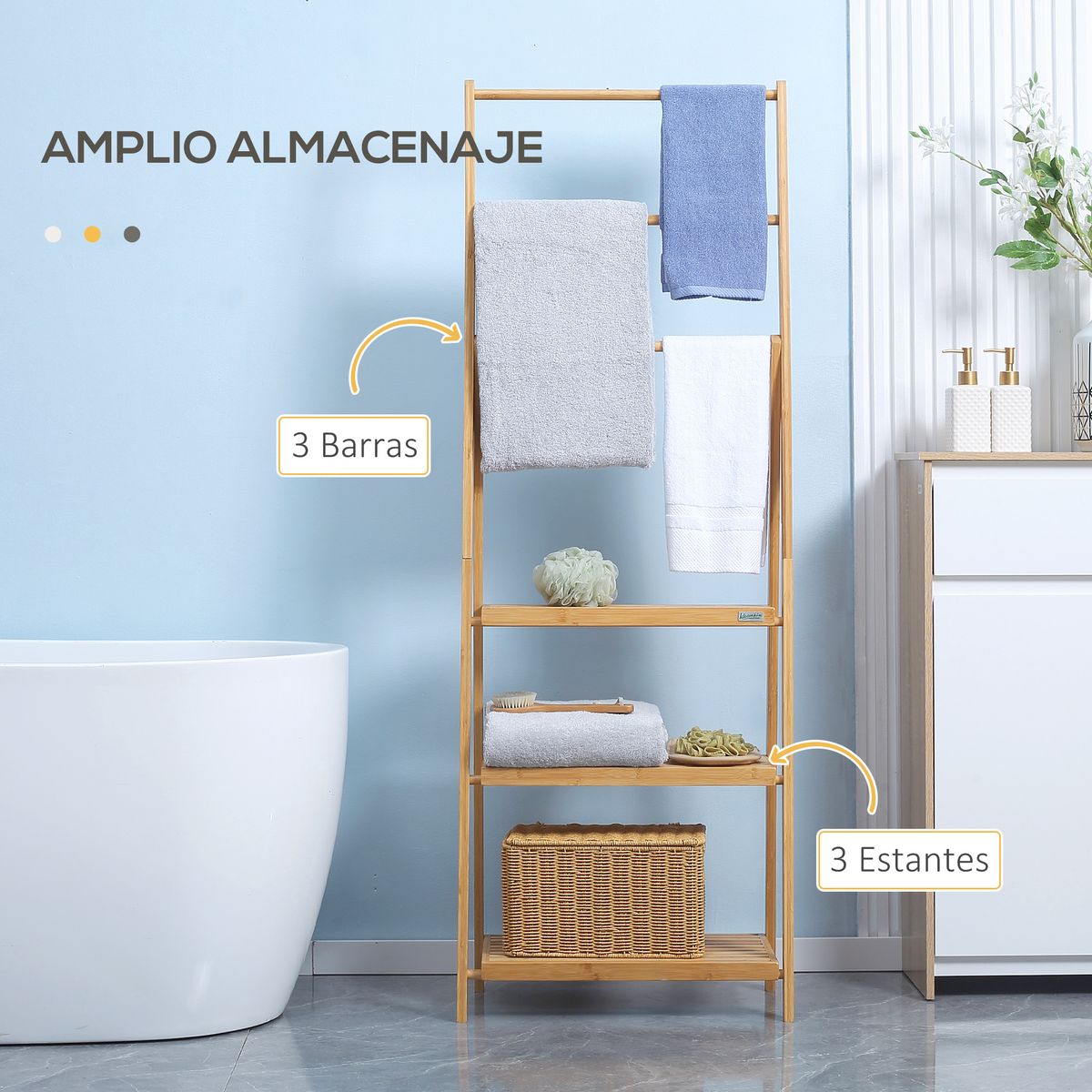 Toallero de pie Camelot Homcom 3 barras + 3 estantes bambú natural 152x53x40,5 cm