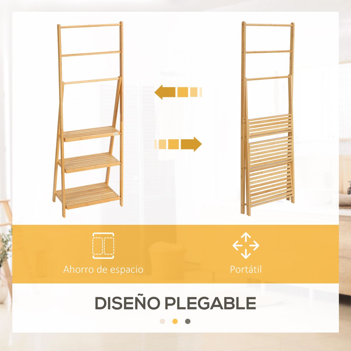 Toallero de pie Camelot Homcom 3 barras + 3 estantes bambú natural 152x53x40,5 cm