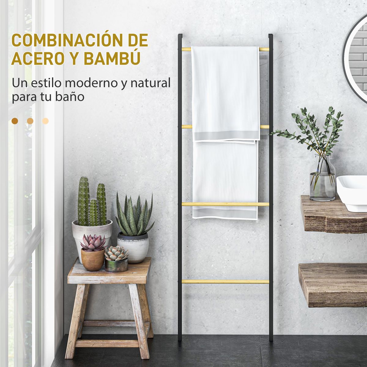 Toallero Ginebra Homcom 4 niveles escalonado bambú y madera negro 167,5x49x5,5 cm