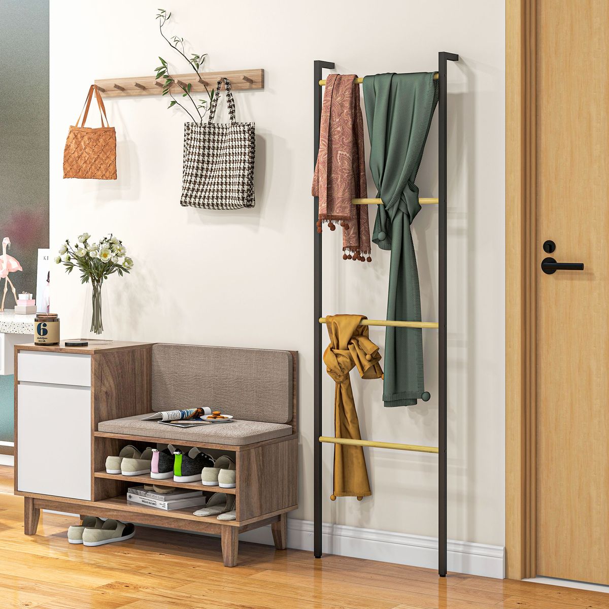 Toallero Ginebra Homcom 4 niveles escalonado bambú y madera negro 167,5x49x5,5 cm
