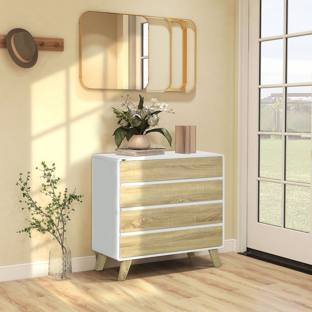 Cómoda Paris Homcom 4 cajones con patas blanco/roble 79,5x80x40 cm animada