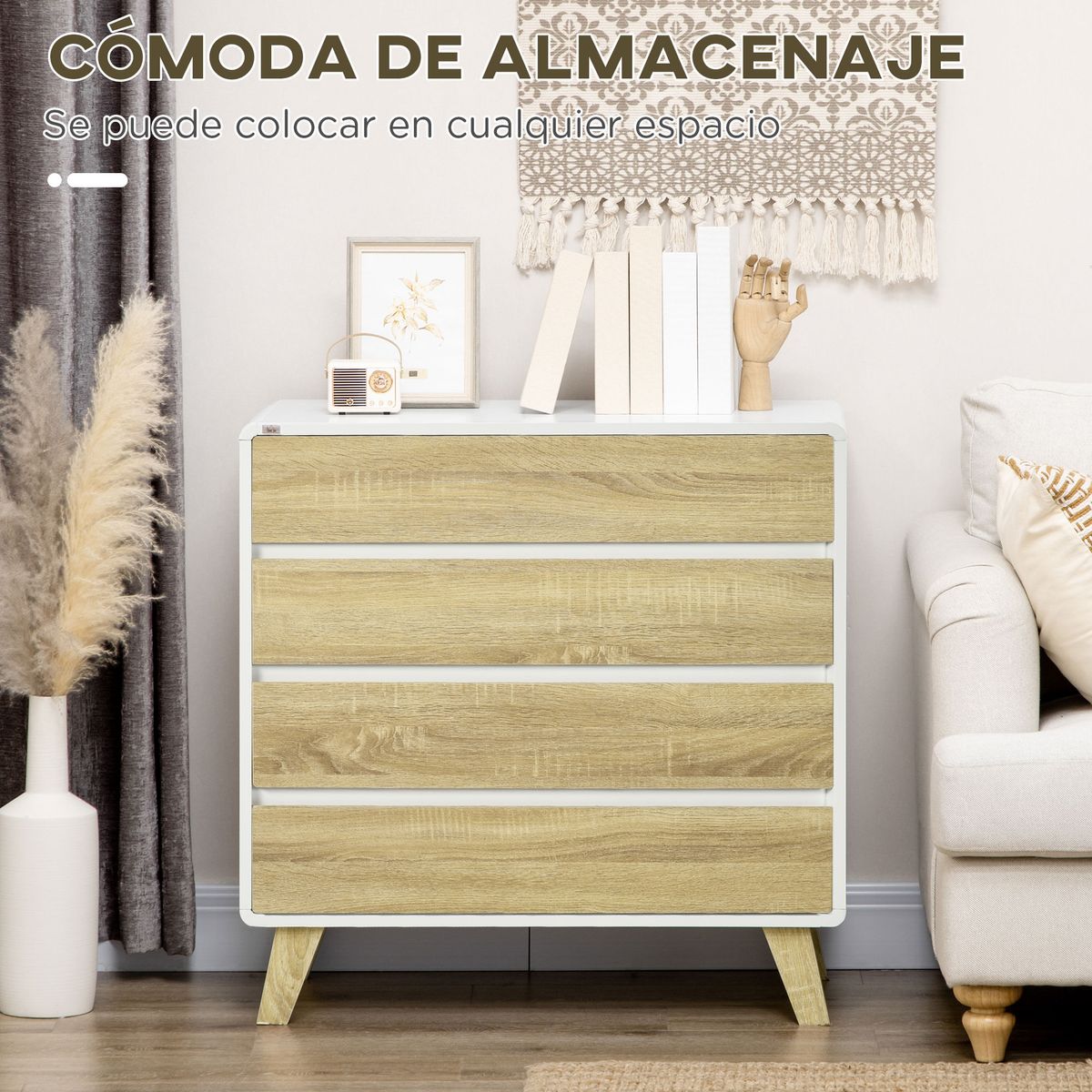 Cómoda Paris Homcom 4 cajones con patas blanco/roble 79,5x80x40 cm