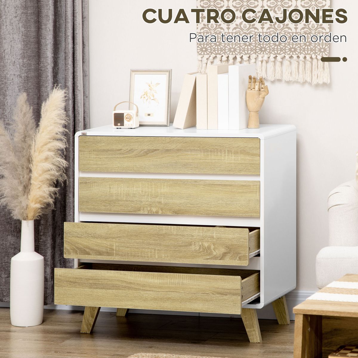 Cómoda Paris Homcom 4 cajones con patas blanco/roble 79,5x80x40 cm