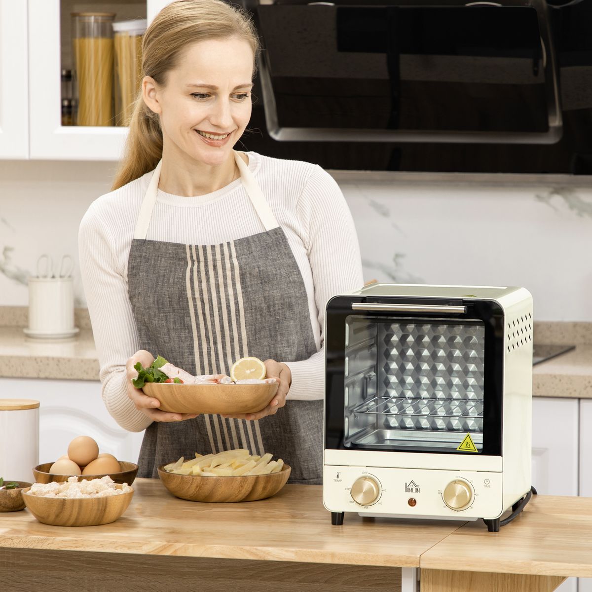 Mini horno eléctrico Homcom Escorpio 1000W estilo vintage 15L crema 32x27,5x25,5 cm
