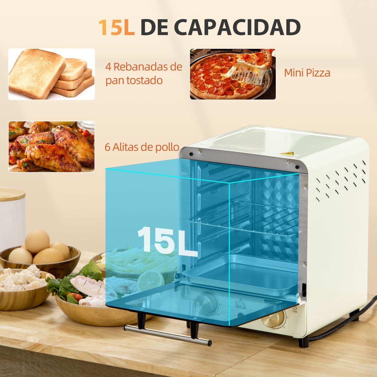 Mini horno eléctrico Homcom Escorpio 1000W estilo vintage 15L crema 32x27,5x25,5 cm
