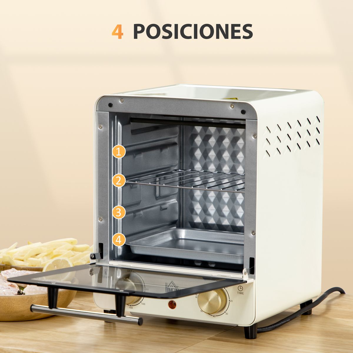 Mini horno eléctrico Homcom Escorpio 1000W estilo vintage 15L crema 32x27,5x25,5 cm
