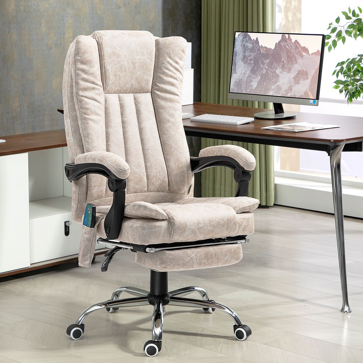 Silla de oficina Orquídea Homcom 6 puntos de masaje + calefacción + reposapiés crema 113-120x70x62 cm