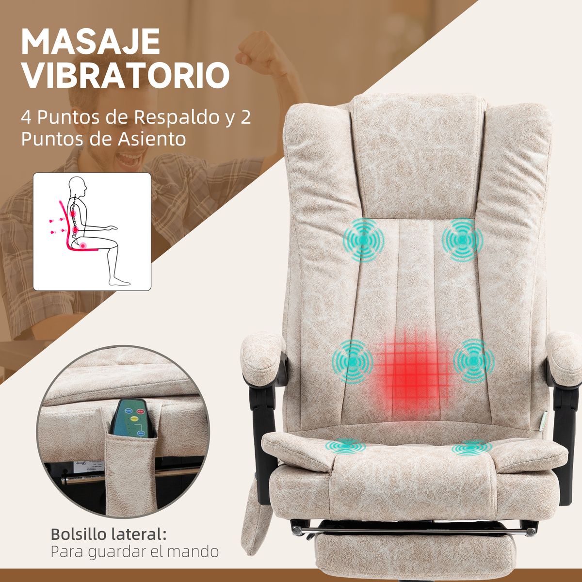 Silla de oficina Orquídea Homcom 6 puntos de masaje + calefacción + reposapiés crema 113-120x70x62 cm