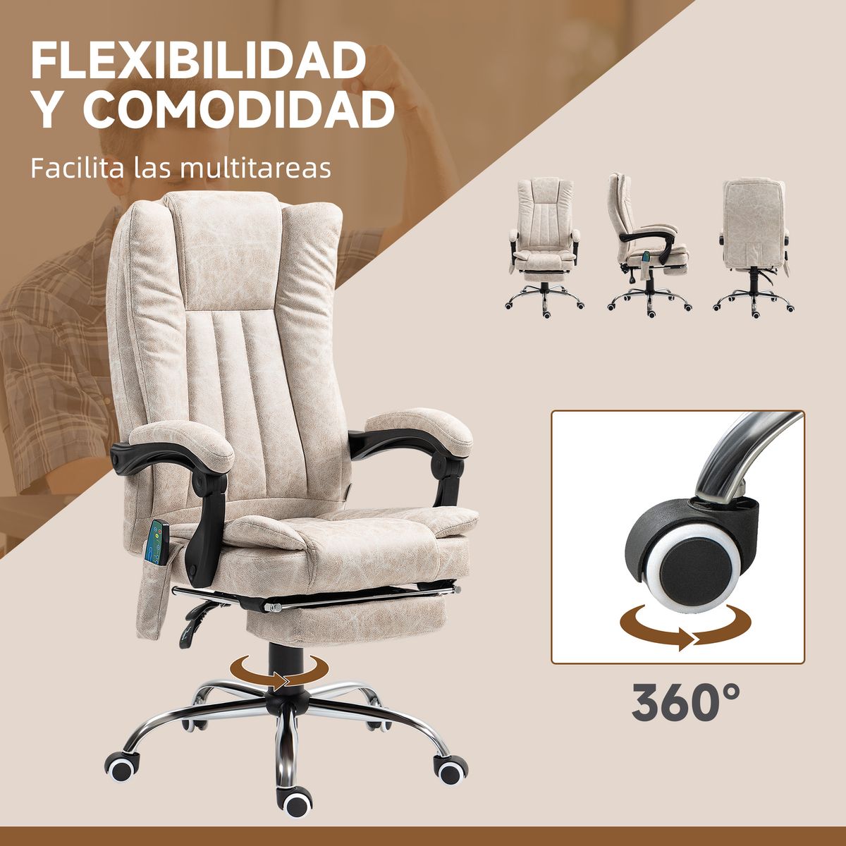Silla de oficina Orquídea Homcom 6 puntos de masaje + calefacción + reposapiés crema 113-120x70x62 cm