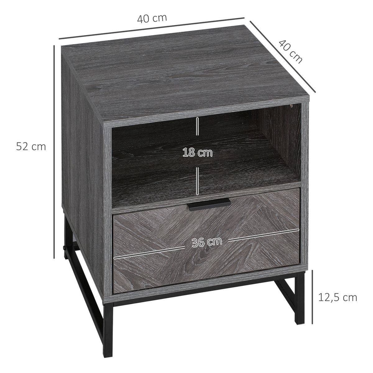 Mesita de noche Tierra Homcom 1 cajón + 1 estante abierto + patas de acero gris oscuro 52x40x40 cm
