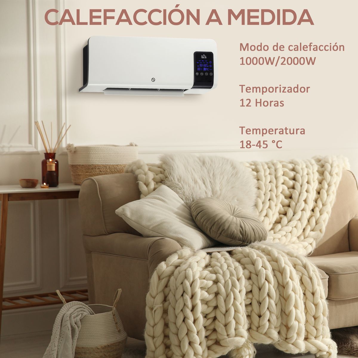 Calefactor de pared Homcom 2000W pantalla LED con mando a distancia blanco