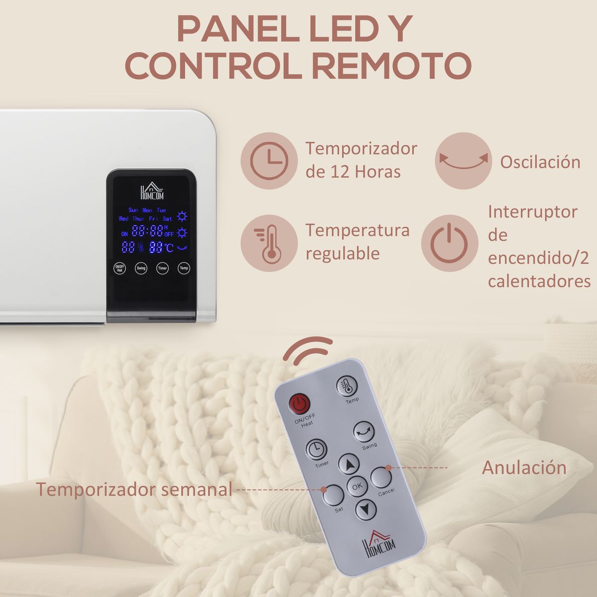 Calefactor de pared Homcom 2000W pantalla LED con mando a distancia blanco