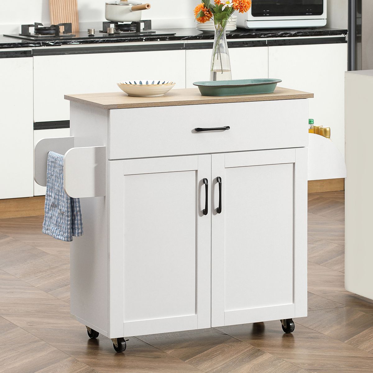 Carrito auxiliar Turia Homcom armario doble + cajón + barra lateral blanco 85x36x105 cm