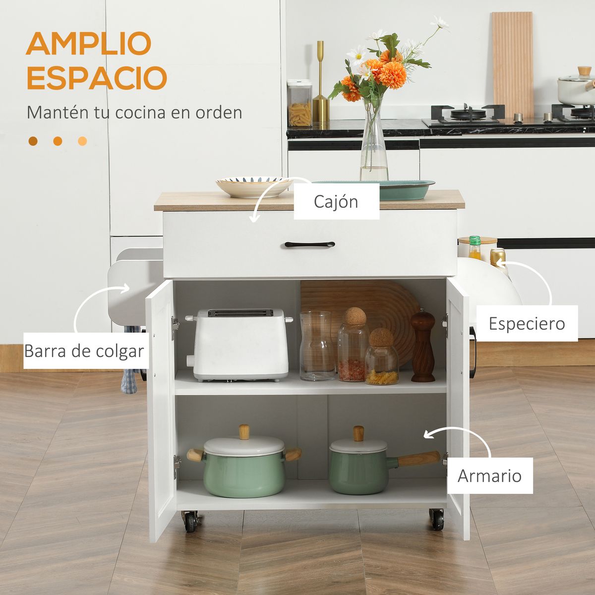 Carrito auxiliar Turia Homcom armario doble + cajón + barra lateral blanco 85x36x105 cm