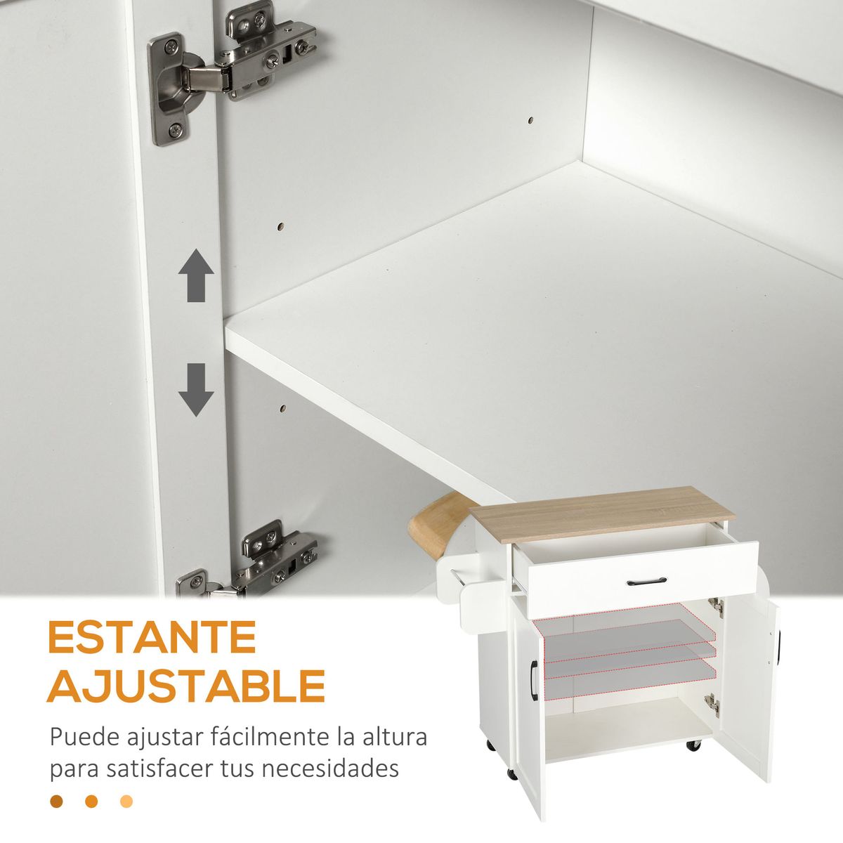 Carrito auxiliar Turia Homcom armario doble + cajón + barra lateral blanco 85x36x105 cm