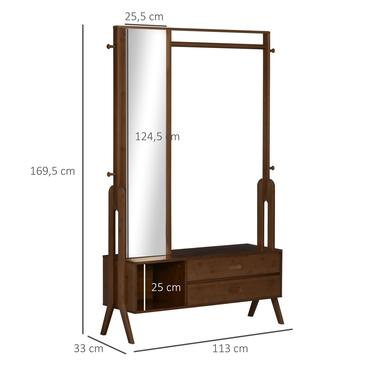 Perchero Gloria Homcom 2 cajones + espejo + compartimento marrón 169,5x113x33 cm medidas
