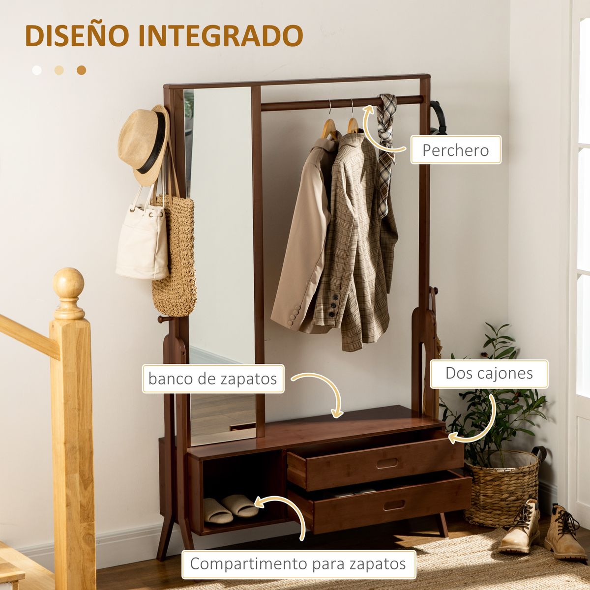 Perchero Gloria Homcom 2 cajones + espejo + compartimento marrón 169,5x113x33 cm