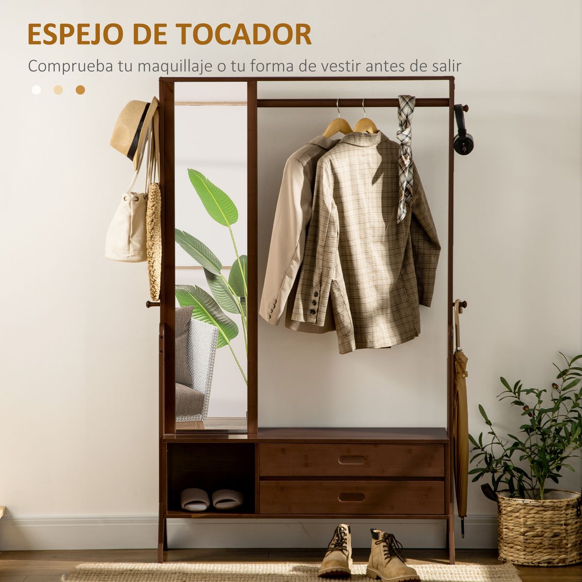 Perchero Gloria Homcom 2 cajones + espejo + compartimento marrón 169,5x113x33 cm
