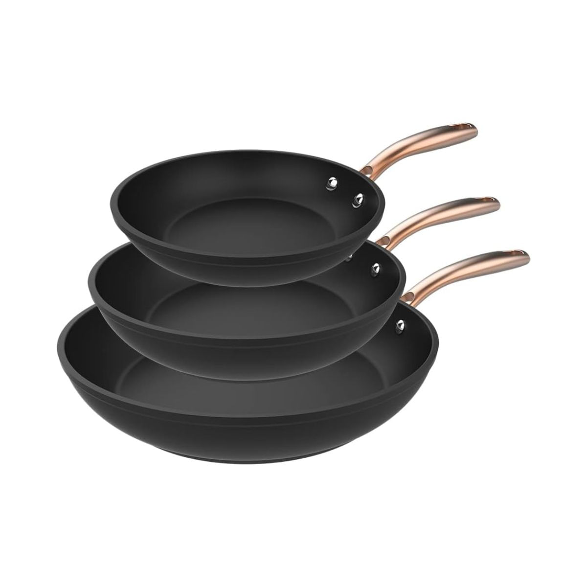 Set de 3 sartenes Cecotec Polka Fantasy Bucket aluminio forjado dorado Ø20/Ø24/Ø28 cm fondo blanco