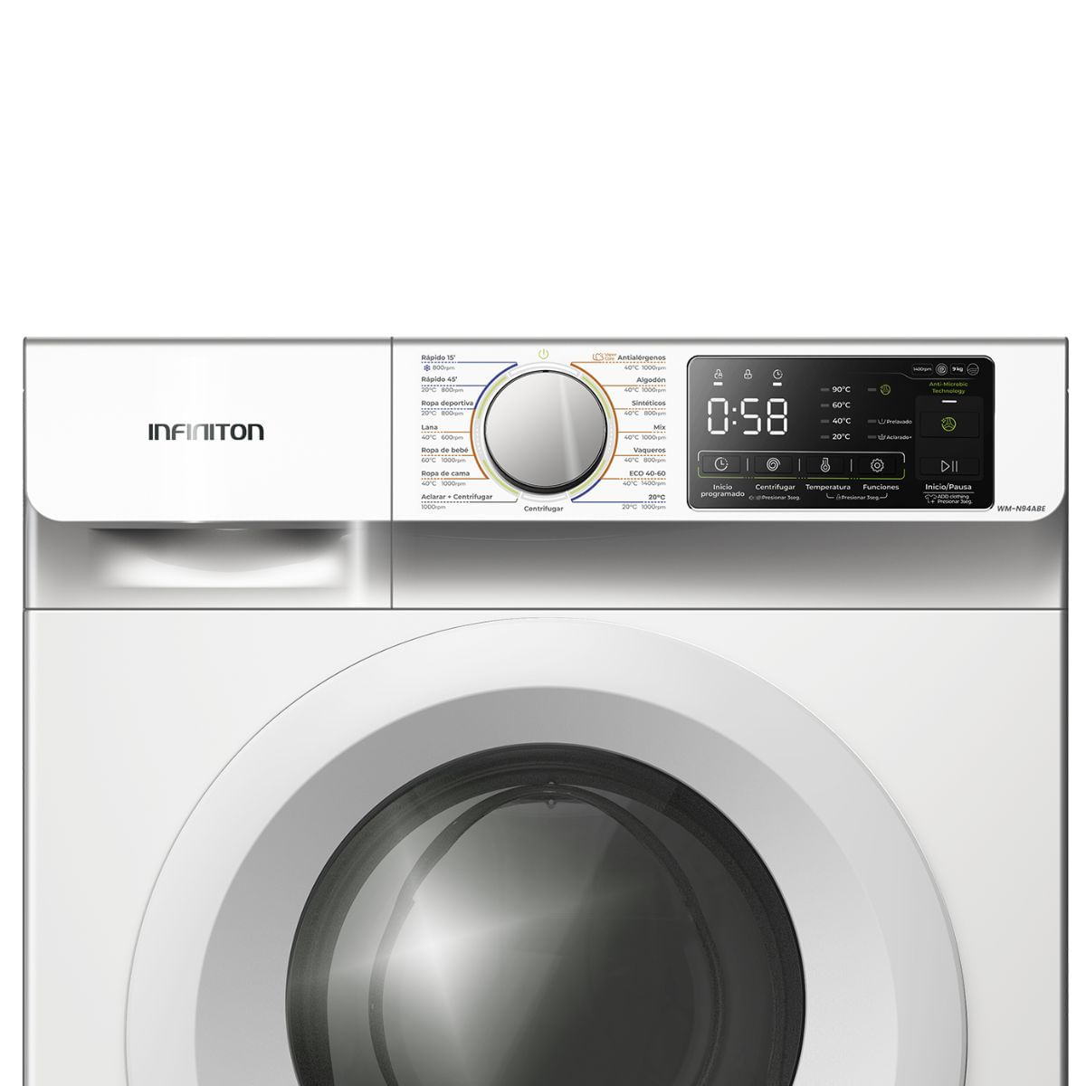 Lavadora Infiniton WM-N94ABE 9kg 1400 rpm 15 programas A blanco 59,5 cm detalle