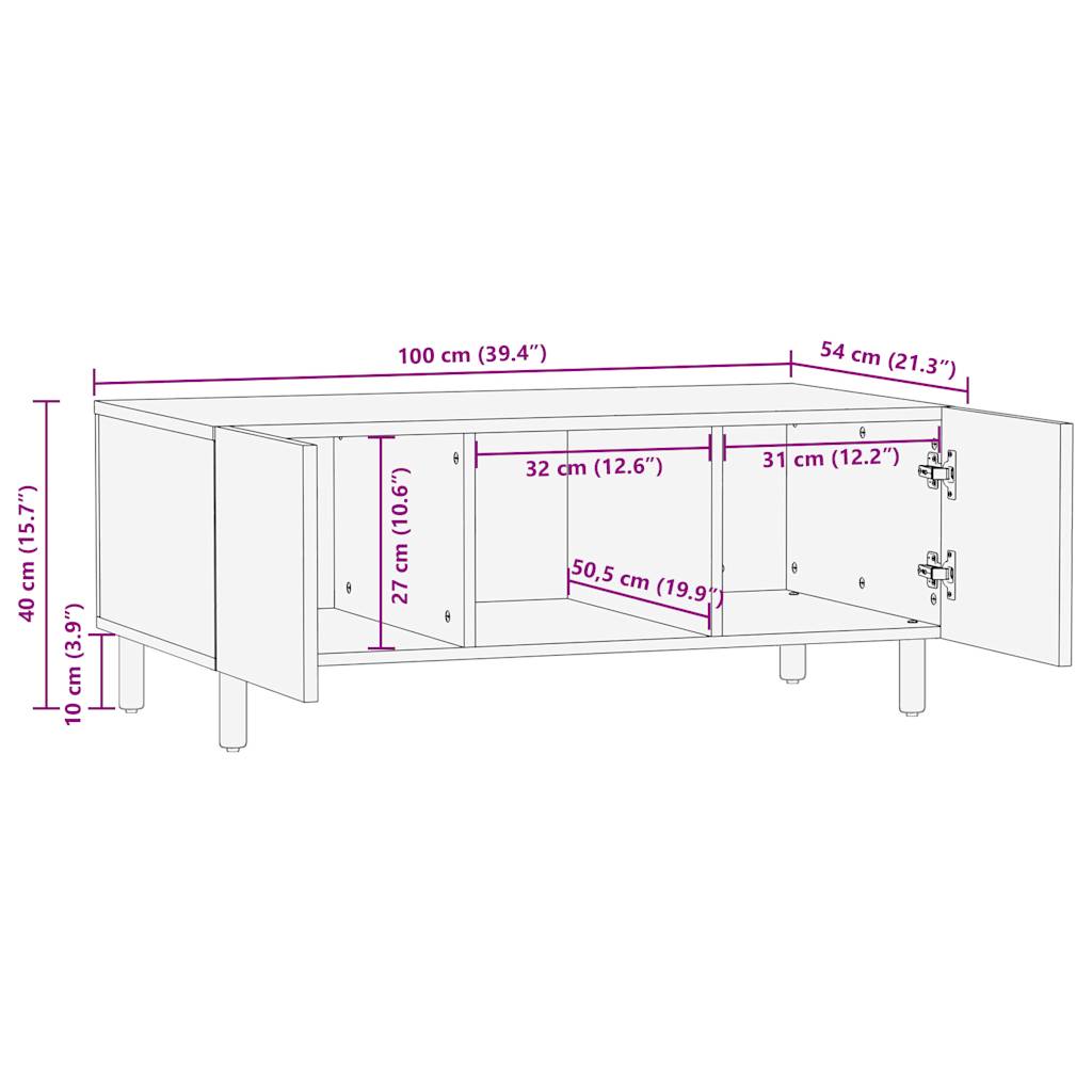 Mesa de centro Nootka 2 armarios + compartimento natural/negro 40x100x54 cm medidas