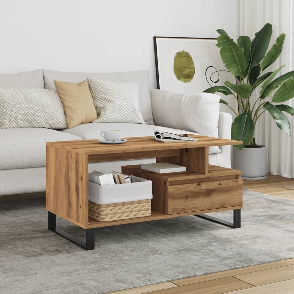 Mesa de centro Cerezo compartimento + 1 cajón roble 45x90x49 cm animada