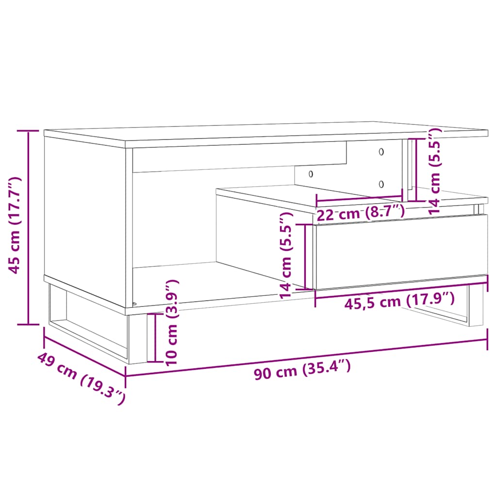 Mesa de centro Cerezo compartimento + 1 cajón roble 45x90x49 cm medidas