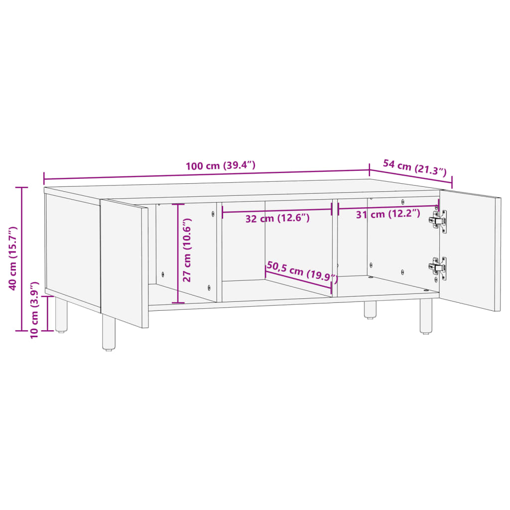 Mesa de centro Lope 2 armarios + compartimento negro 40x100x54 cm medidas