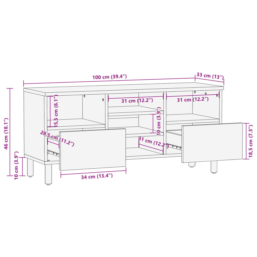 Mueble de TV Dalia 2 cajones + 5 compartimentos negro 46x100x33 cm medidas