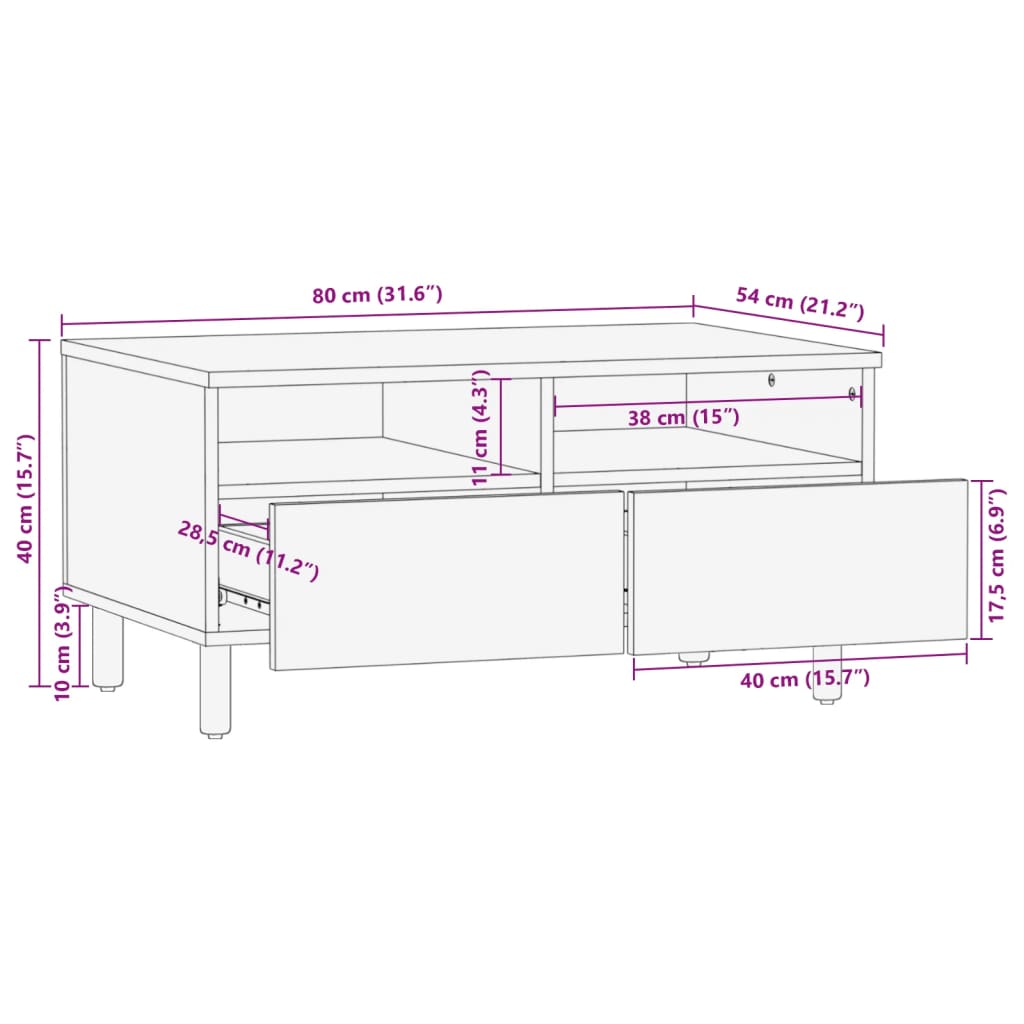 Mesa de centro Espino 2 cajones + 2 compartimentos negro 40x80x54 cm medidas