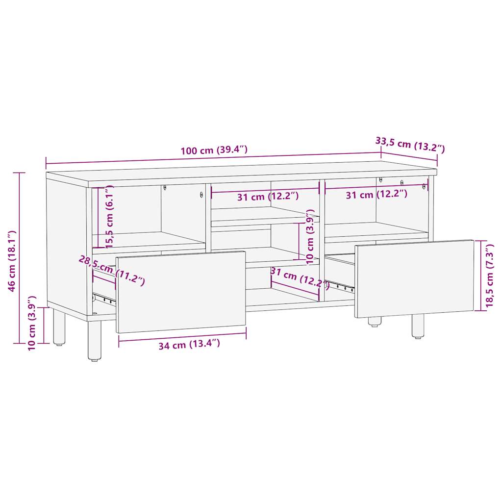 Mueble de TV Chalca 5 compartimentos + 2 cajones negro/natural 46x100x33,5 cm medidas