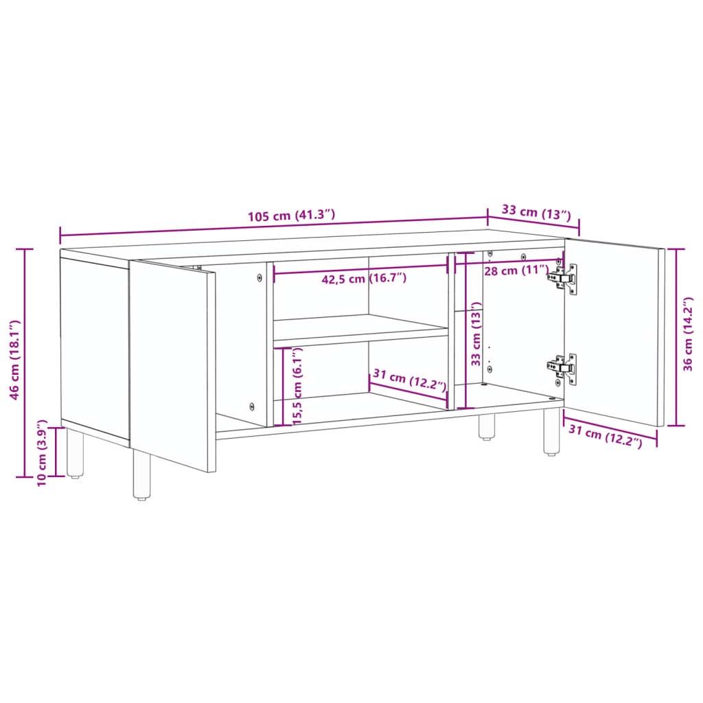 Mueble de TV Lirio 2 armarios + 2 compartimentos negro 46x105x33 cm medidas