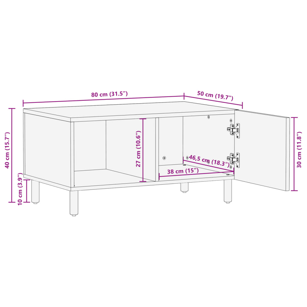 Mesa de centro Puma 1 puerta + compartimento negro 40x80x50 cm medidas
