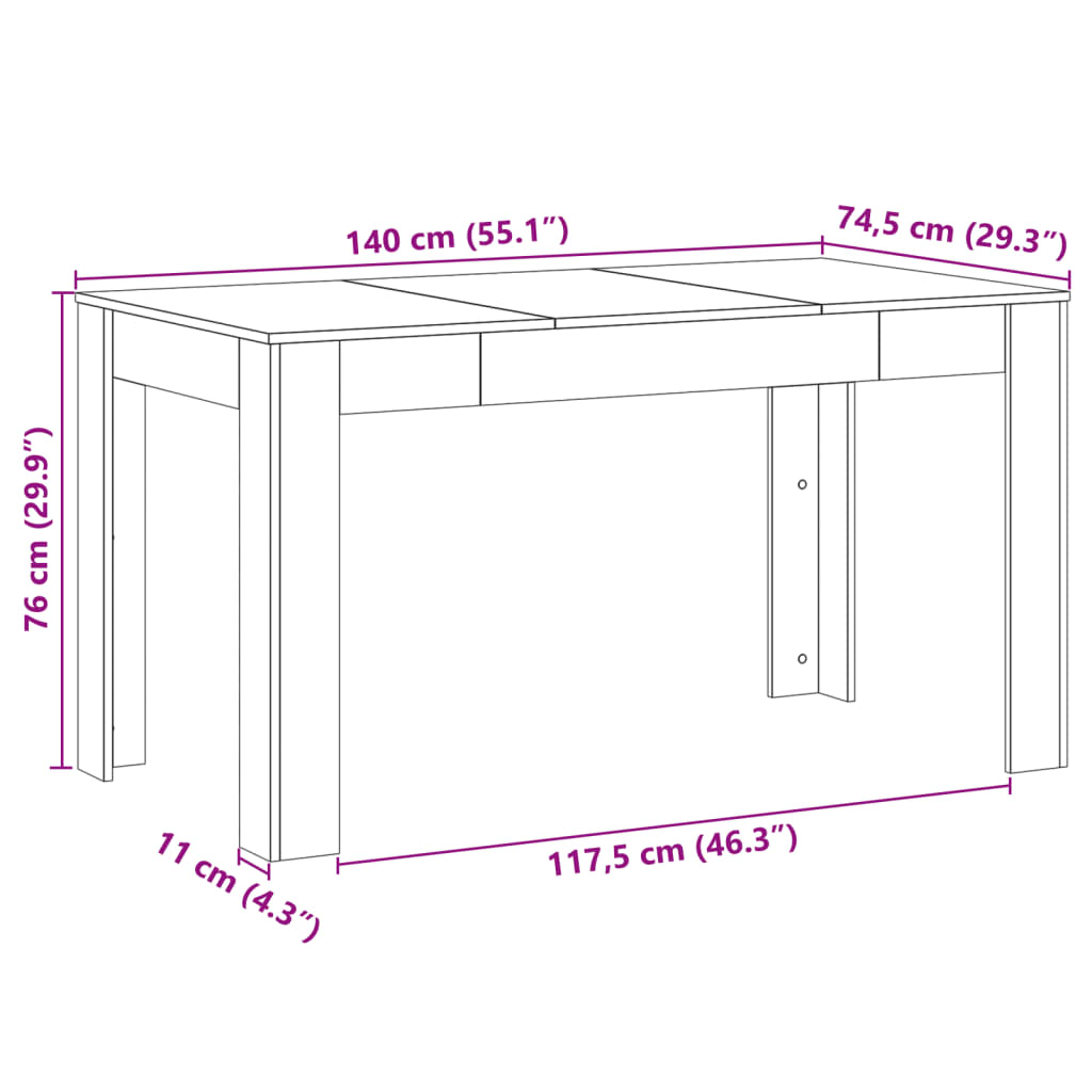 Mesa de comedor Trento diseño fijo roble oscuro 76x140x74,5 cm medidas