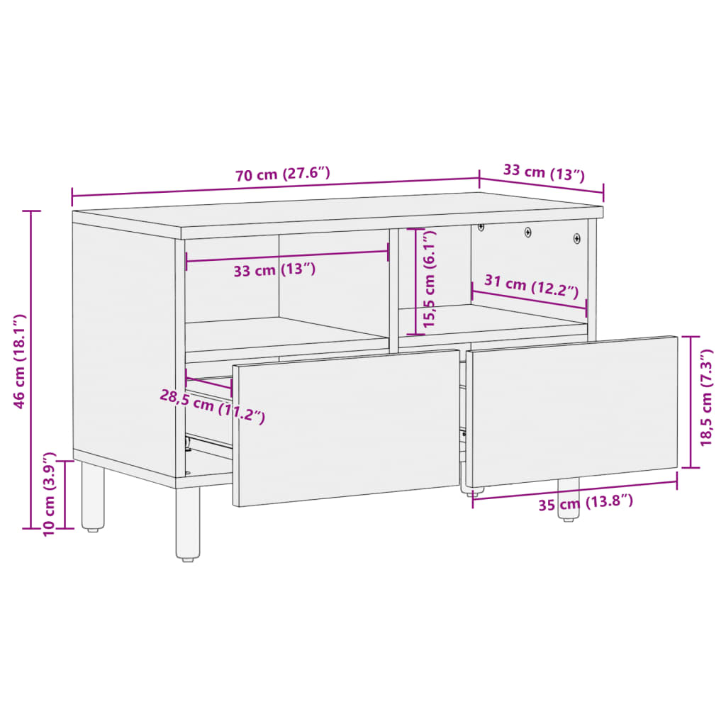 Mueble de TV Milano 2 compartimentos + 2 cajones negro 46x70x33 cm medidas