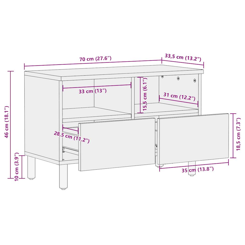 Mueble de TV Naskar 2 compartimentos + 2 cajones negro/natural 46x70x33,5 cm medidas