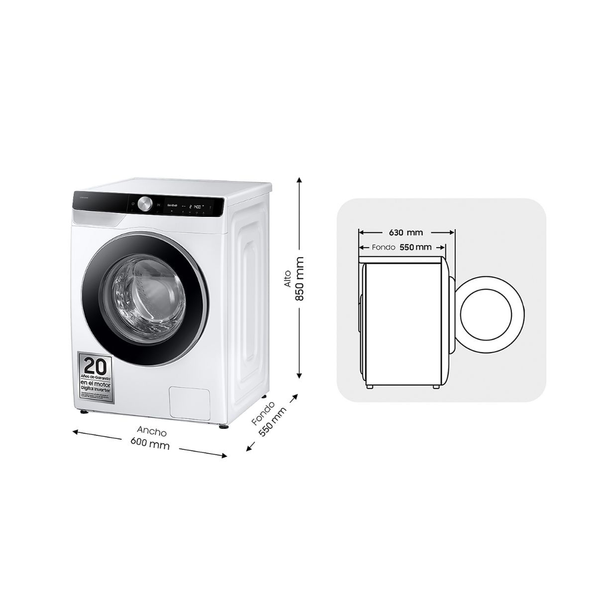 Lavadora carga frontal Samsung WW90DG6U85LKU3 9kg 1400 rpm WiFi A blanco 60 cm medidas