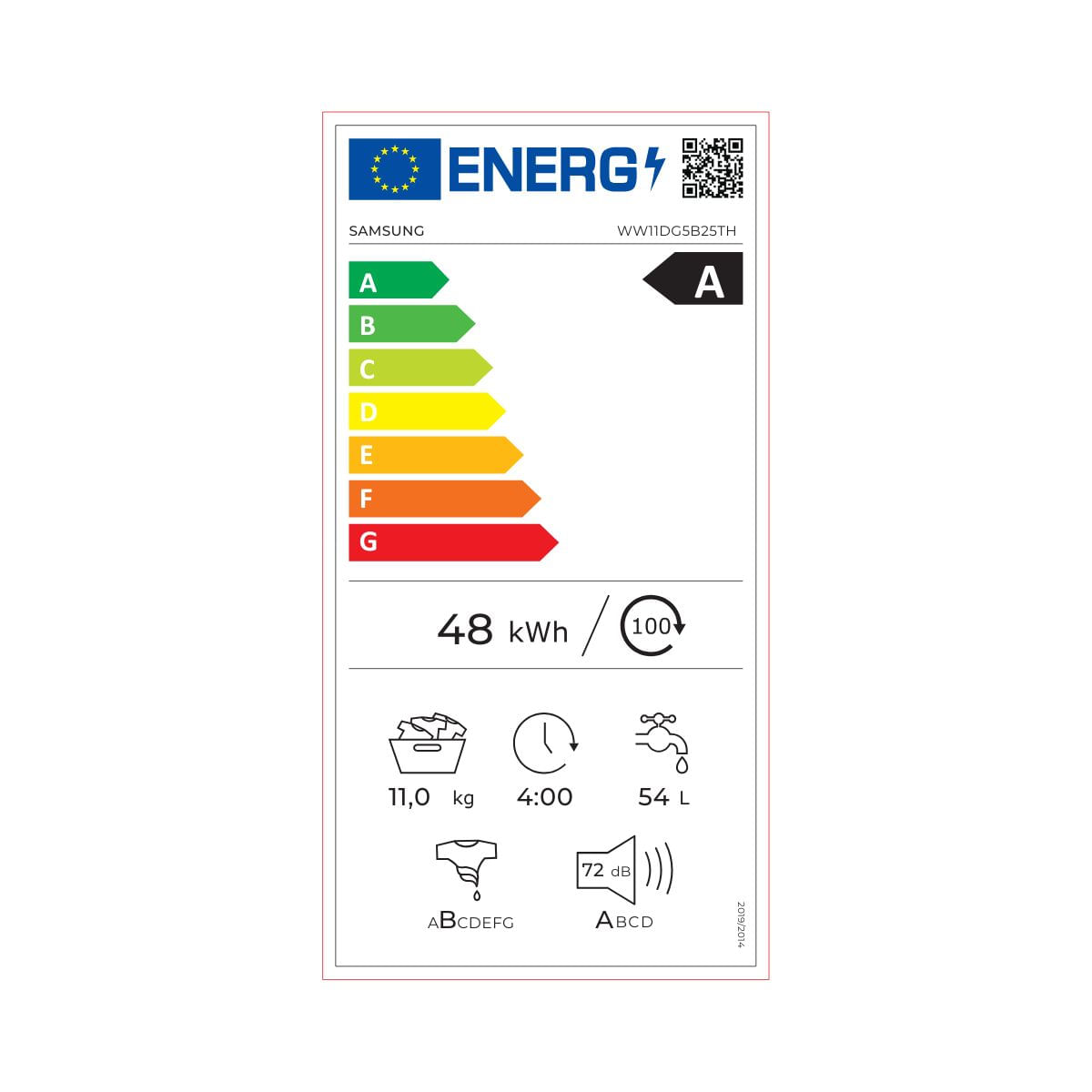Lavadora carga frontal Samsung WW11DG5B25THEC 11kg 1400 rpm 14 programas A blanco 60 cm etiqueta