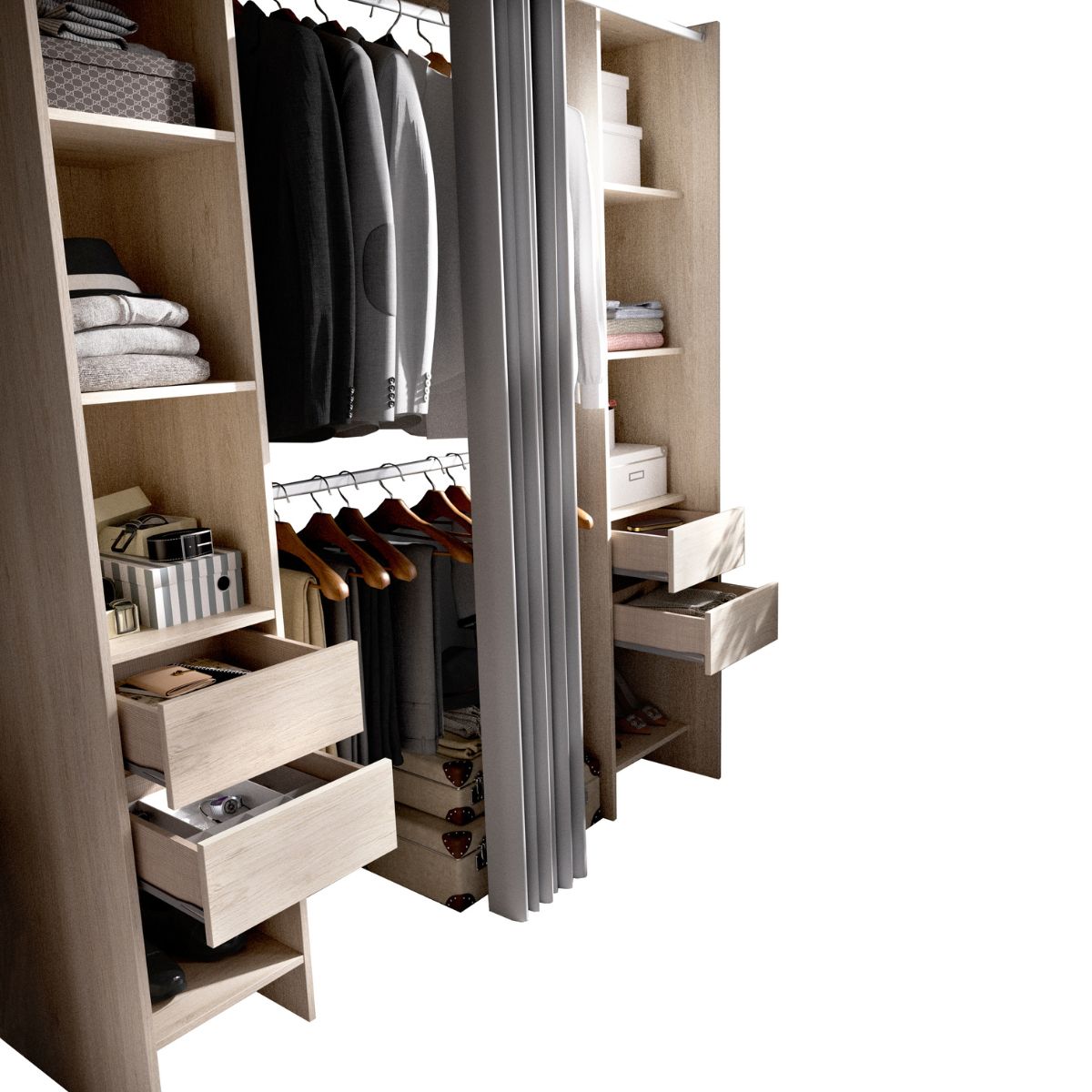 Vestidor Suit 4 cajones + 2 barras + 8 compartimentos natural 205x180x50 cm detalle