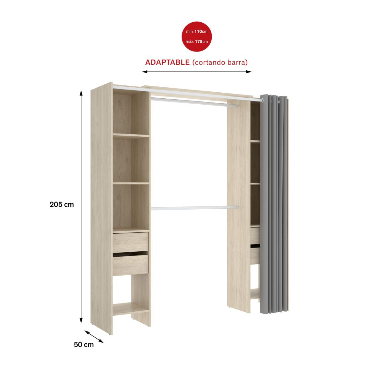 Vestidor Suit 4 cajones + 2 barras + 8 compartimentos natural 205x180x50 cm