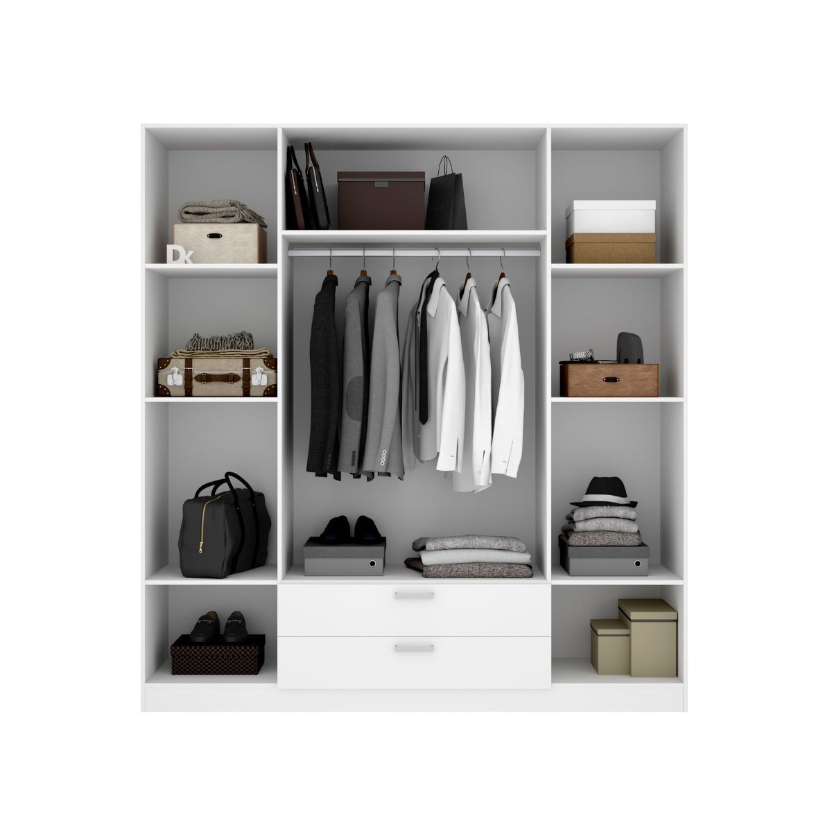 4Armario Maxi 4 puertas + barra + 2 cajones + 9 compartimentos blanco 215x200x52 cm interior compartimentos