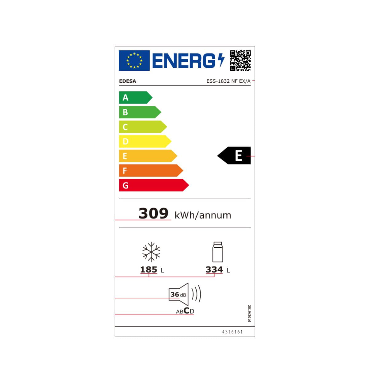 Frigorífico americano Edesa ESS1832 NF EX No Frost 519L E plateado 180 cm etiqueta energetica