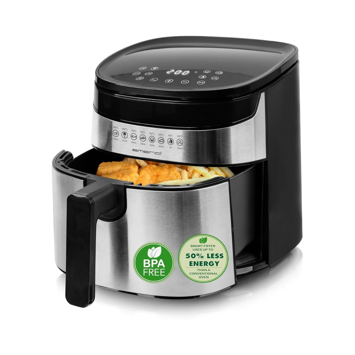 Freidora de aire Emerio AF-129084 1300W 4,5L 8 programas acero inoxidable negro frontal