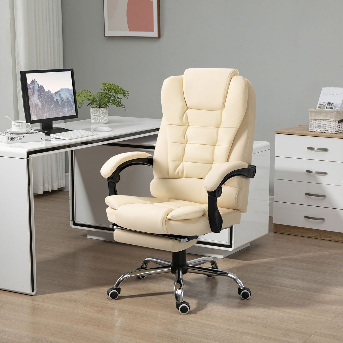 Silla de oficina Zeni reclinable + reposapiés crema 109-117x64,5x69 cm