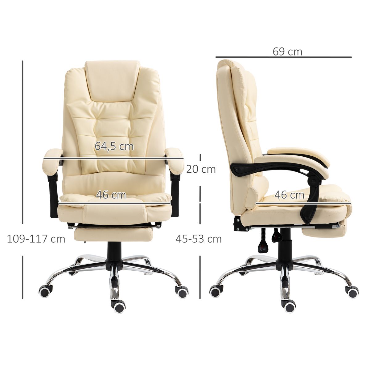 Silla de oficina Zeni reclinable + reposapiés crema 109-117x64,5x69 cm