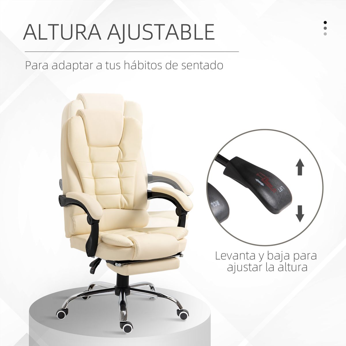 Silla de oficina Zeni reclinable + reposapiés crema 109-117x64,5x69 cm