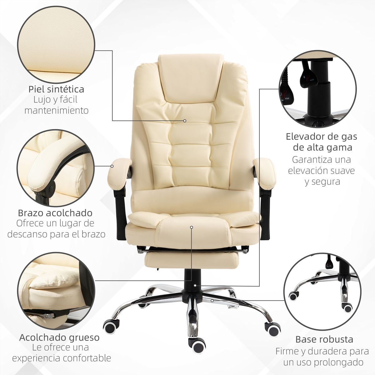 Silla de oficina Zeni reclinable + reposapiés crema 109-117x64,5x69 cm