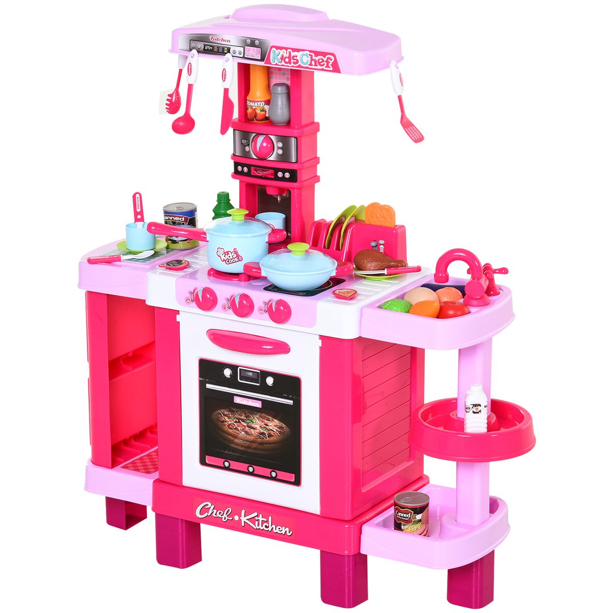Cocinita de juguete Baby Homcom 38 accesorios +3A rosa 87x78x29 cm fondo blanco